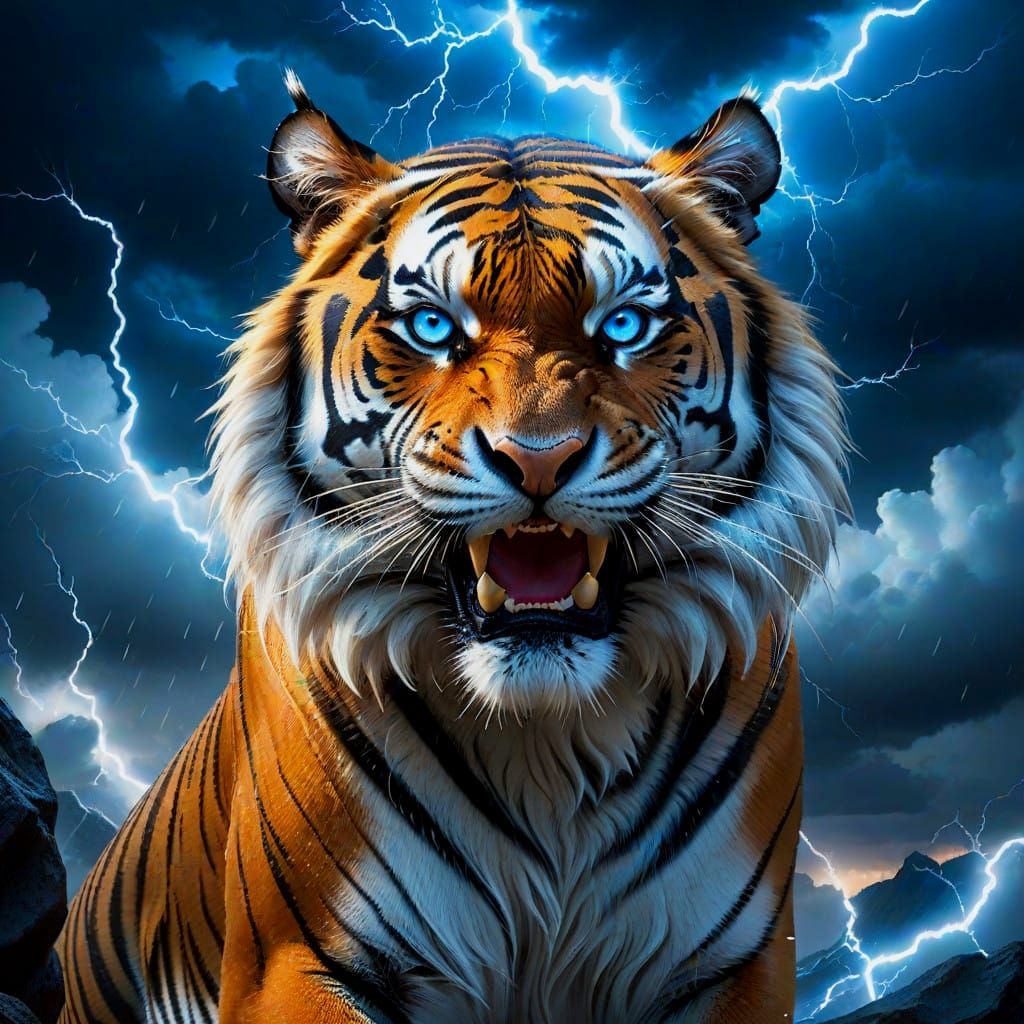 Storm Tiger Soars into the Sky with Electrifying Blue Eyes