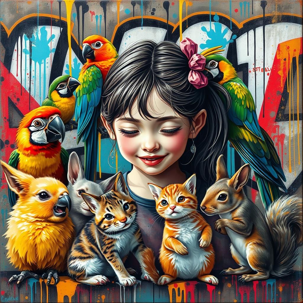 Girl Surrounded by Animal Friends in Street Art Style