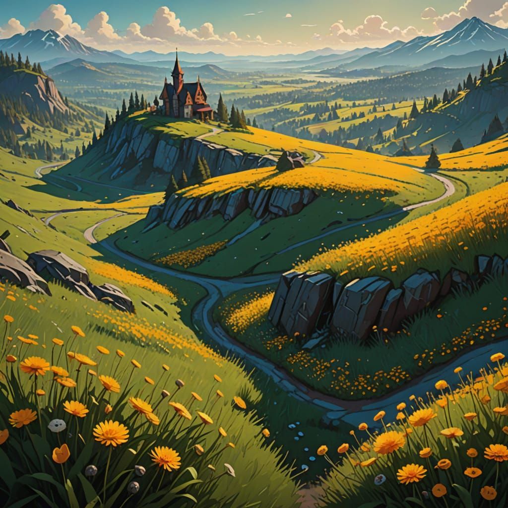 Surreal Golden Hillscape in Vibrant Dandelions and Soft Ligh...