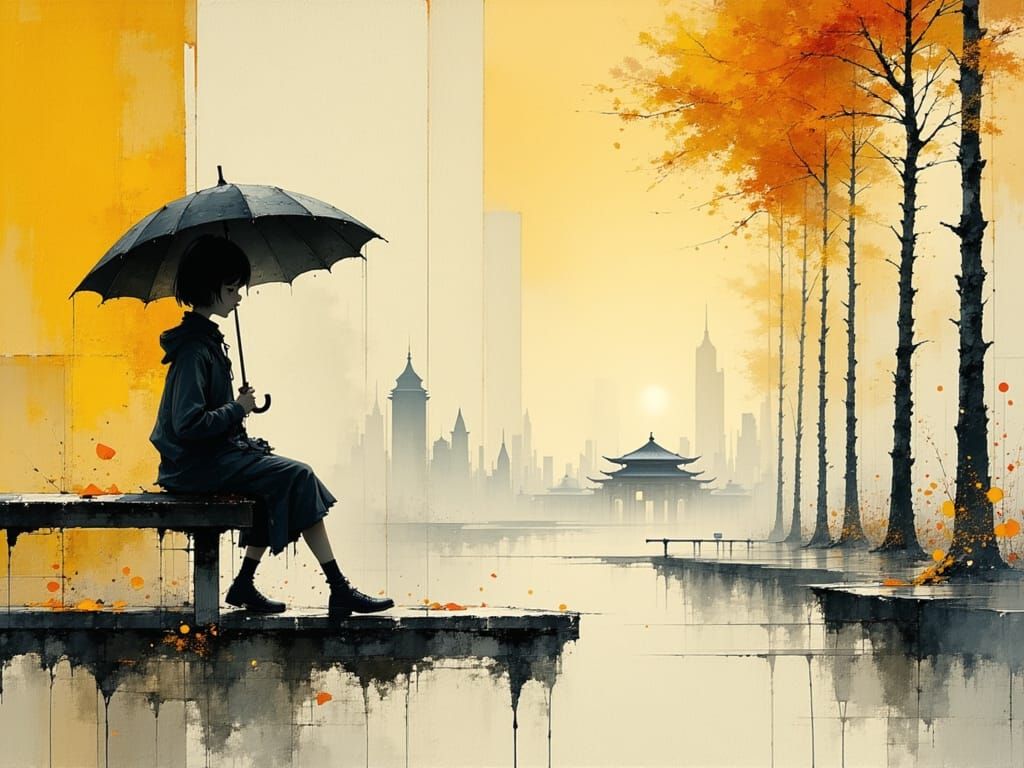 Child with Umbrella in Rainy Autumn City Square