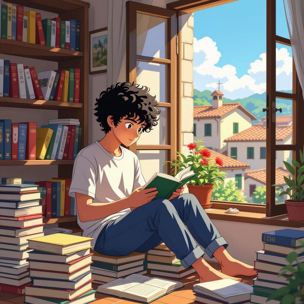 Studio Ghibli Style Boy Studying in Italy
