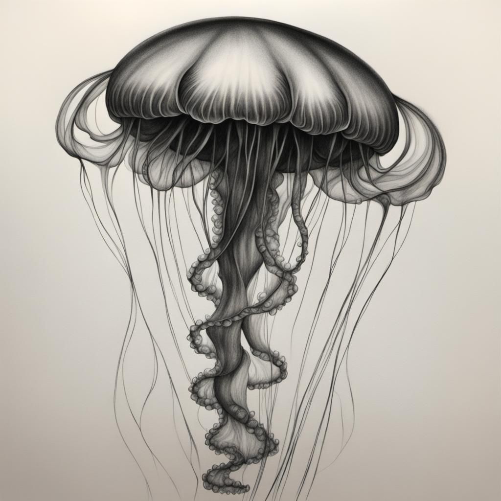 Detailed Charcoal Drawing of a Flowing Jellyfish