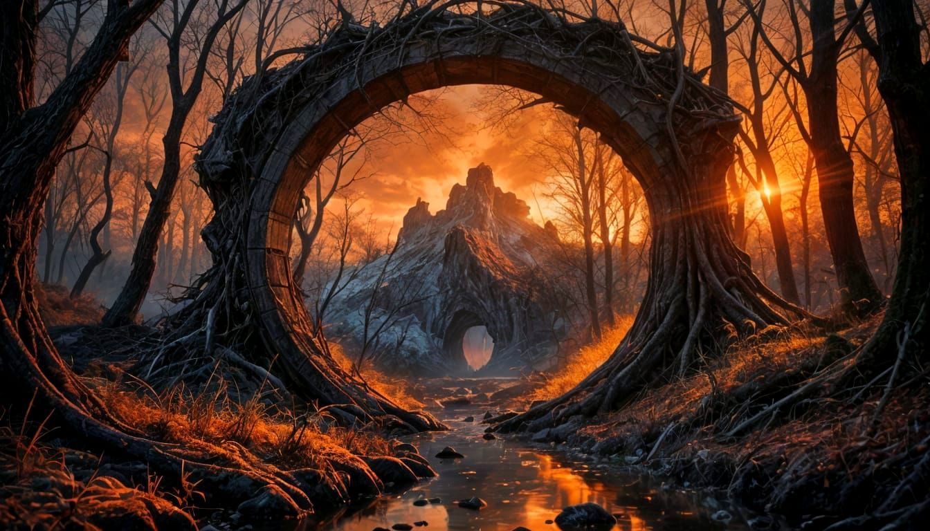 Dreamlike Portal Through Fiery Tonalism Forest