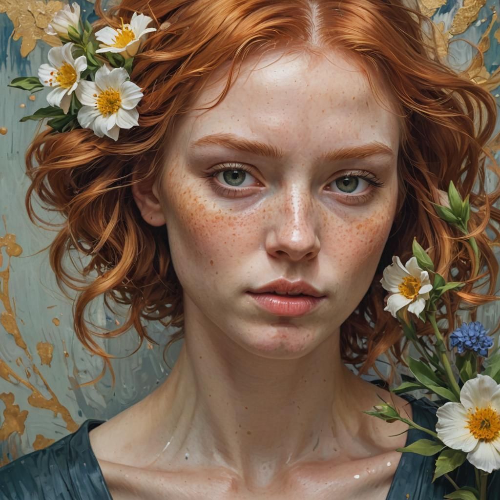 Expressionistic Portrait of Ginger-Haired Woman with Flowers