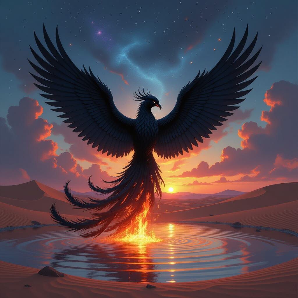 Gothic Phoenix Rises from Desert Oasis in Celestial Sky