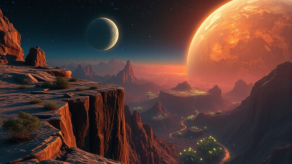 Surreal Midnight Landscape of Gas Giant's Alien Moon