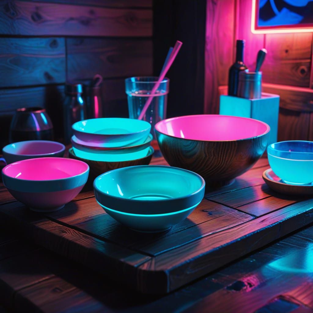 Synthwave Wooden Table with Neon Glow in Retro Style