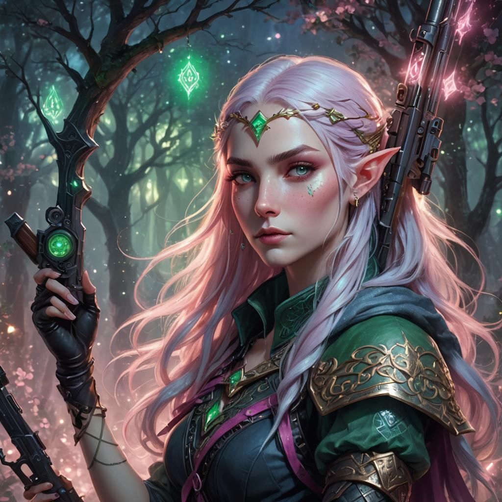 Pink-Haired Elf with Sniper Rifle in Ethereal Style