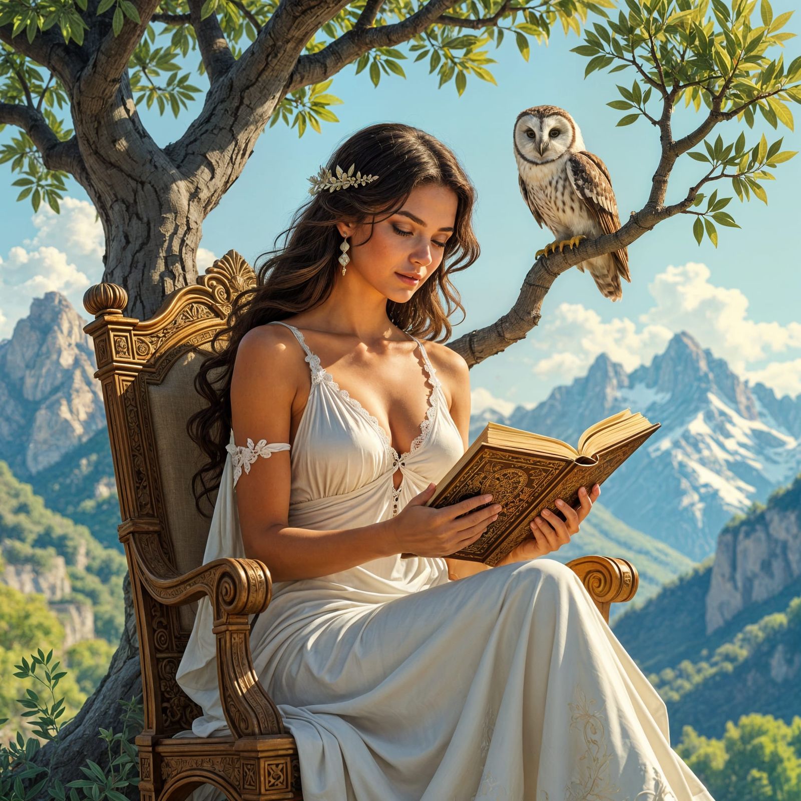 Goddess Athena on Olive Tree Throne with Owl
