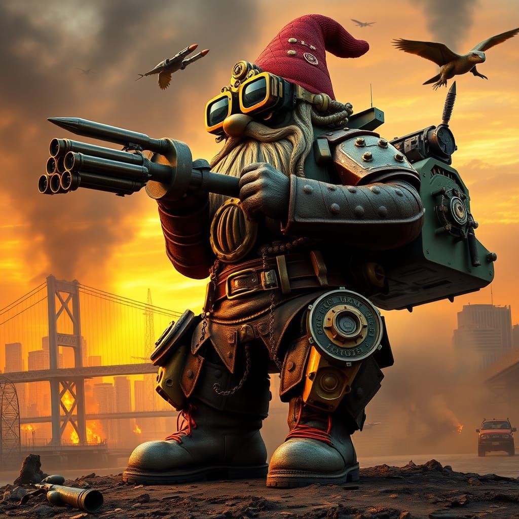 Majestic Steampunk Garden Gnome Confronts Modern Ruin