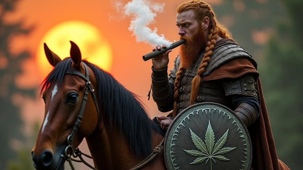 Ginger Barbarian Warrior Smoking in Sunset Forest