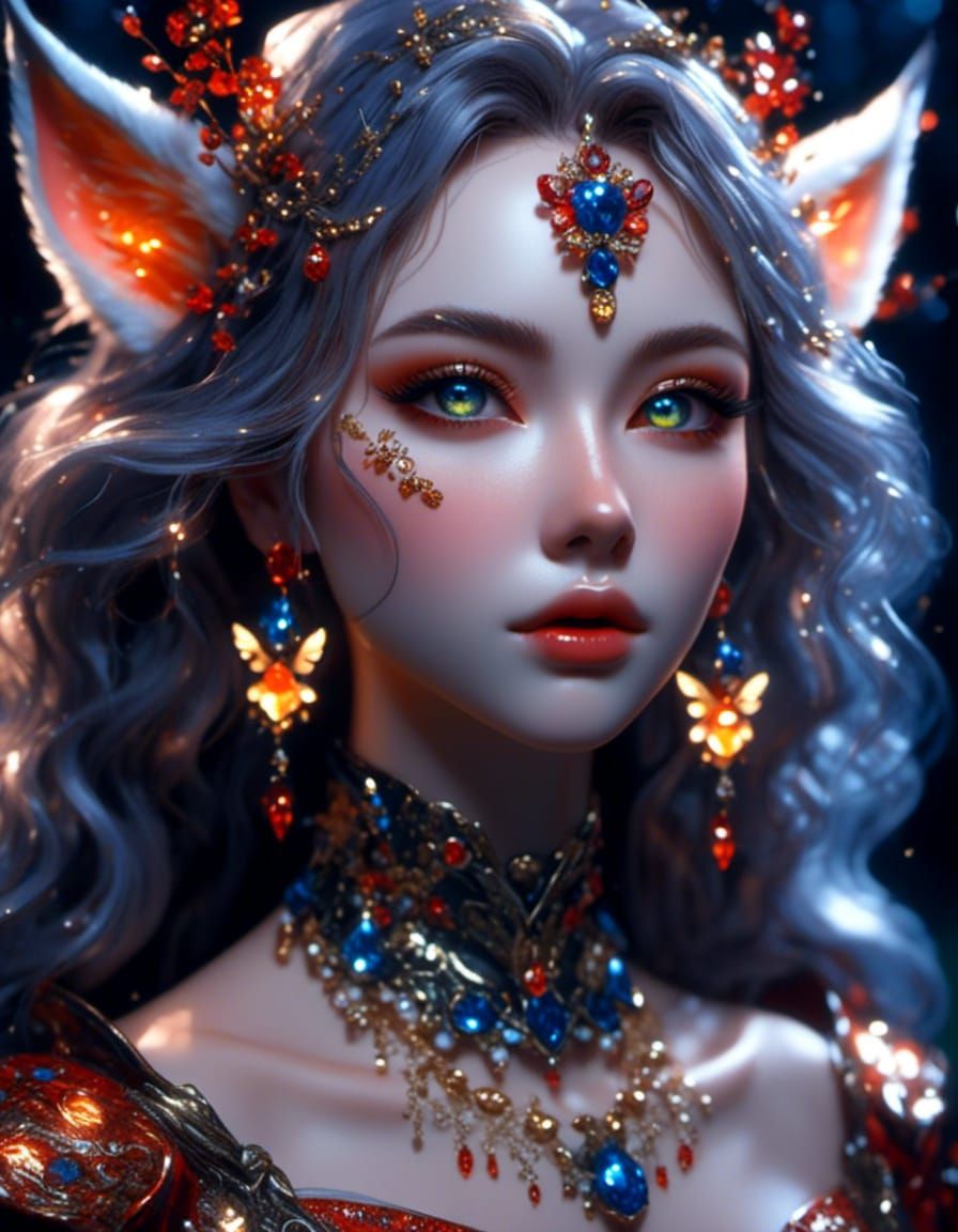 Kitsune Woman Portrait in Anime Realism Style