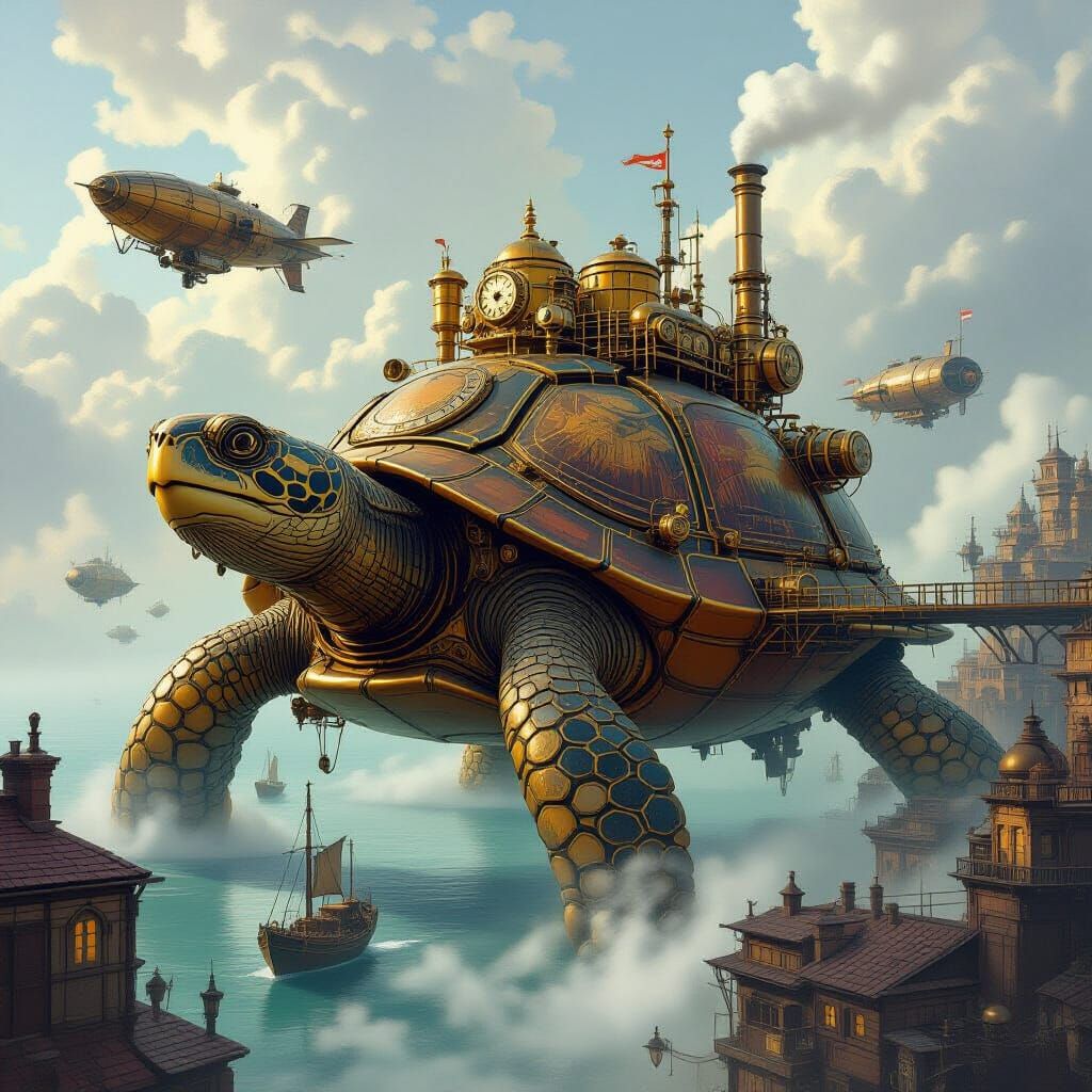 Steampunk City on Ancient Turtle in Sepia Tones