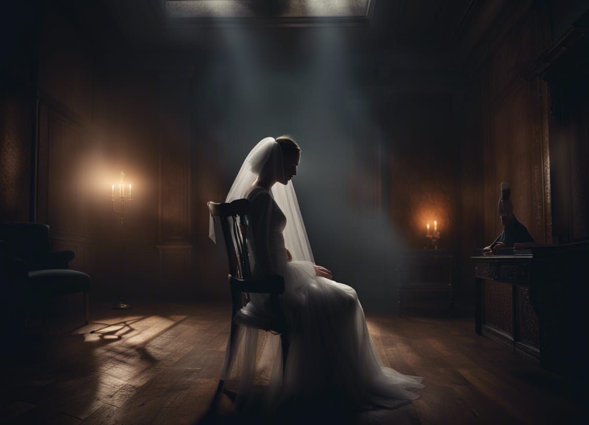 Ominous Bride in Ancient Castle Room