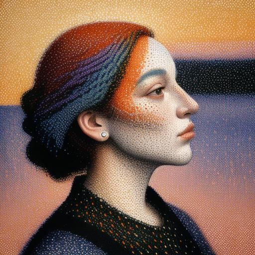 Pointillist Portrait of a Woman in Sunset