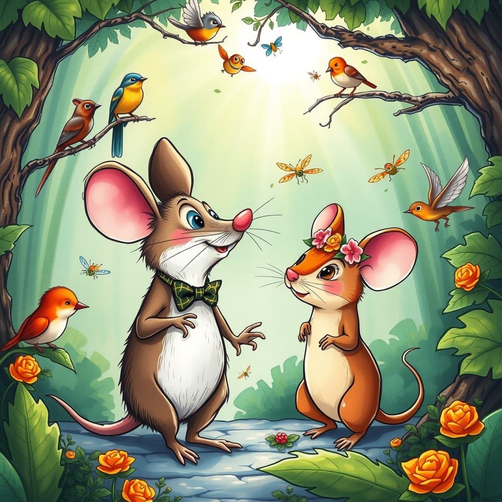 Shy Mouse Blushing in Lush Forest, Cartoon Style