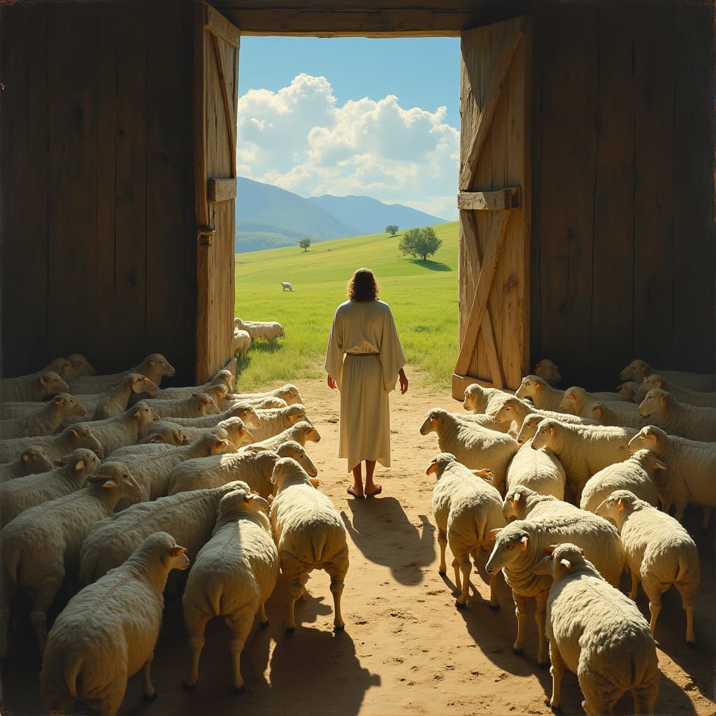 Jesus Guides Sheep Out of Illuminated Sheepfold