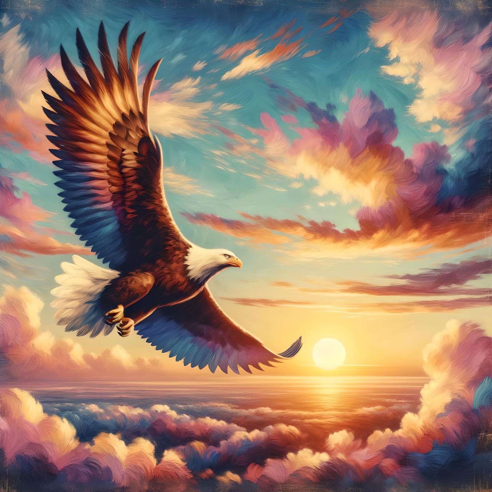 Bald Eagle Soaring at Sunset, Antique Oil Painting