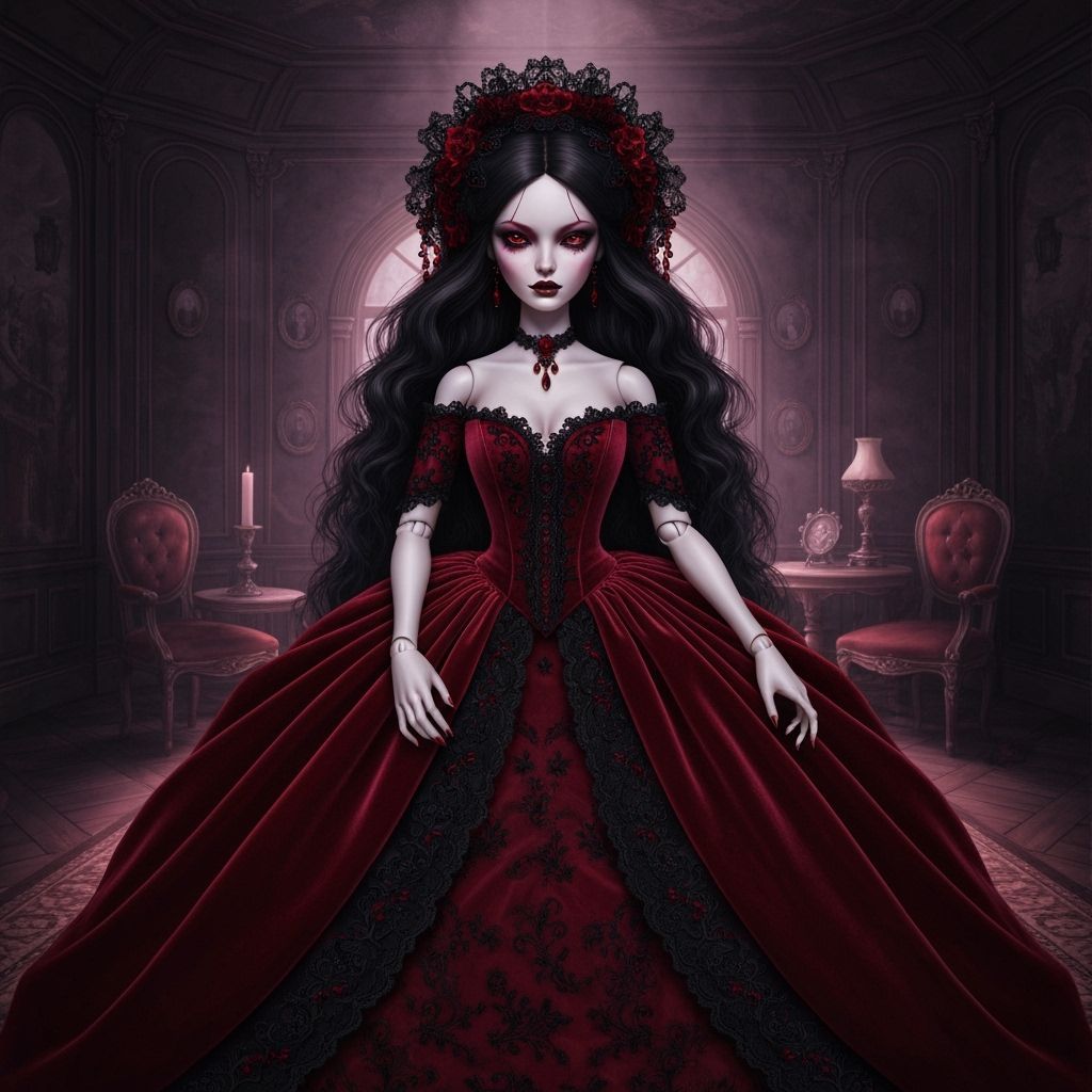 Gothic Doll in Victorian Parlor, Surrealist Style