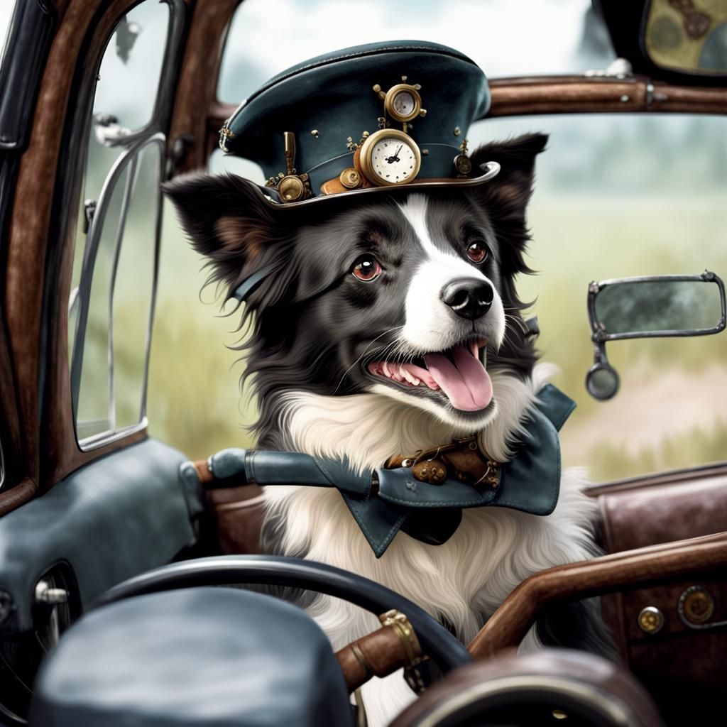Border Collie Chauffeur in Steampunk Illustration