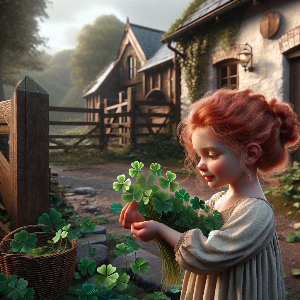 Charming Irish Girl Picking Shamrocks: 3D Render