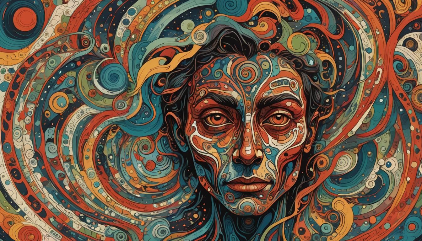 Abstract Martian Face in Swirling Ink Patterns