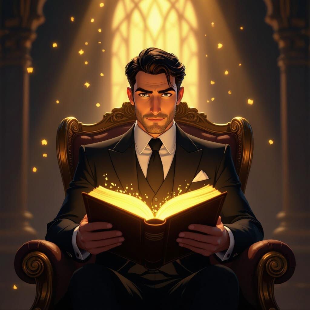 Man in Suit Reads Glowing Book in Ornate Chair