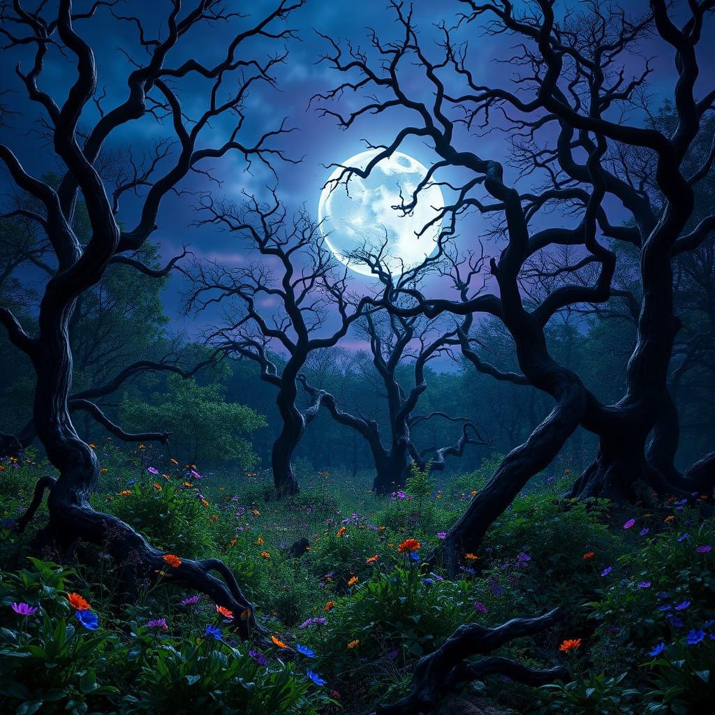 Moonlit Forest Dreamscape in Vibrant, Iridescent Hues