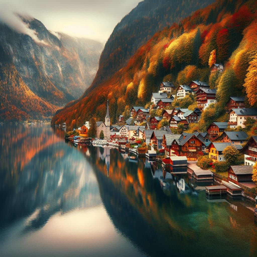 Tranquil Lakeside Village in Autumn Reflection