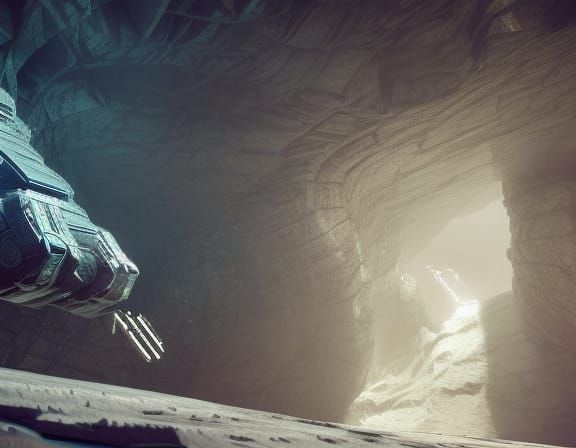 high caves intricate mech details, ground level shot, 8K resolution, Cinema 4D, Behance HD, polished metal, Unreal Engin...