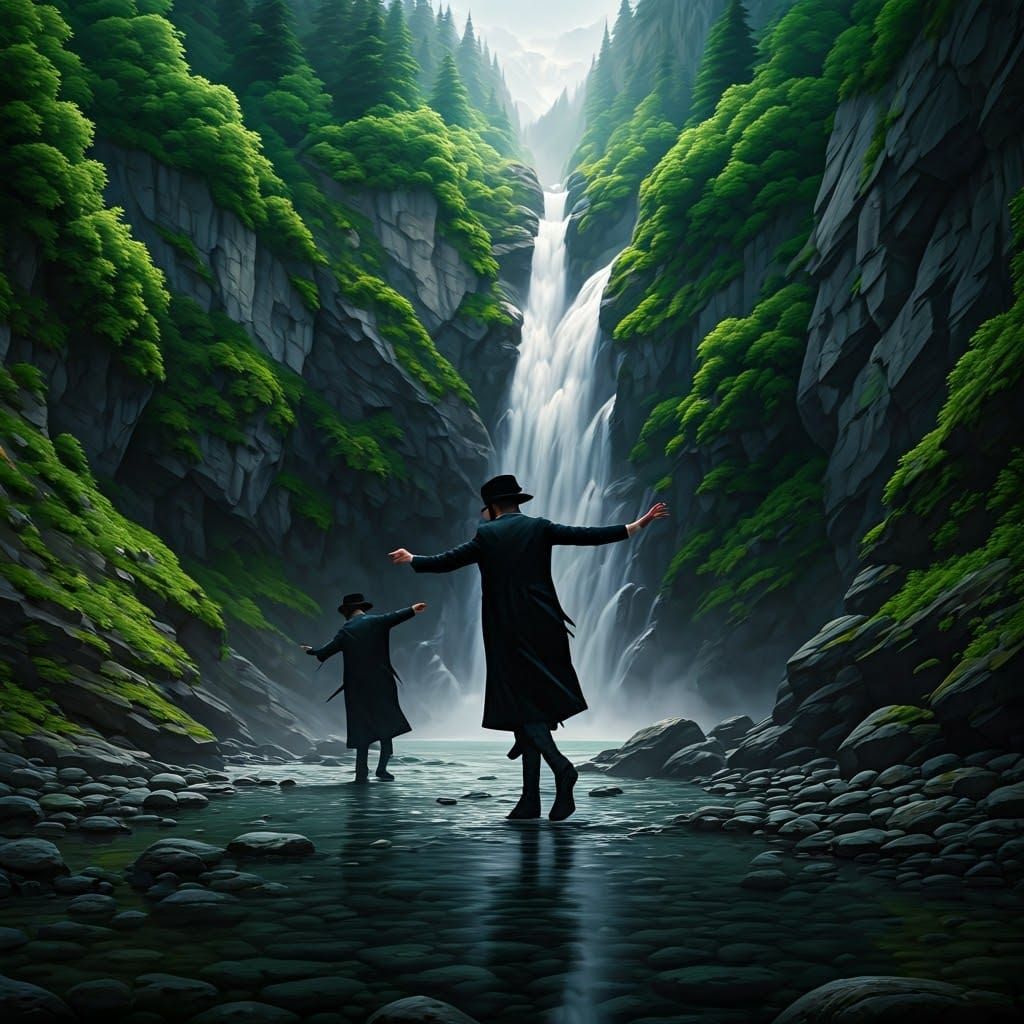 Vibrant Hasidic Dancers in Swiss Waterfall - Cyberpunk Anime...