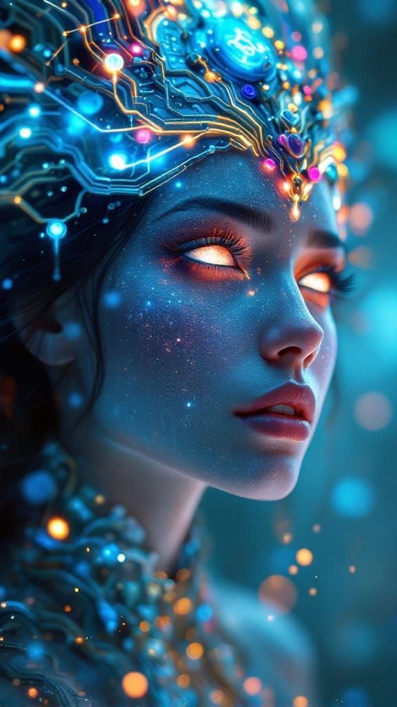 Cyber-Fantasy Siren in Neon-Lit Dreamscape