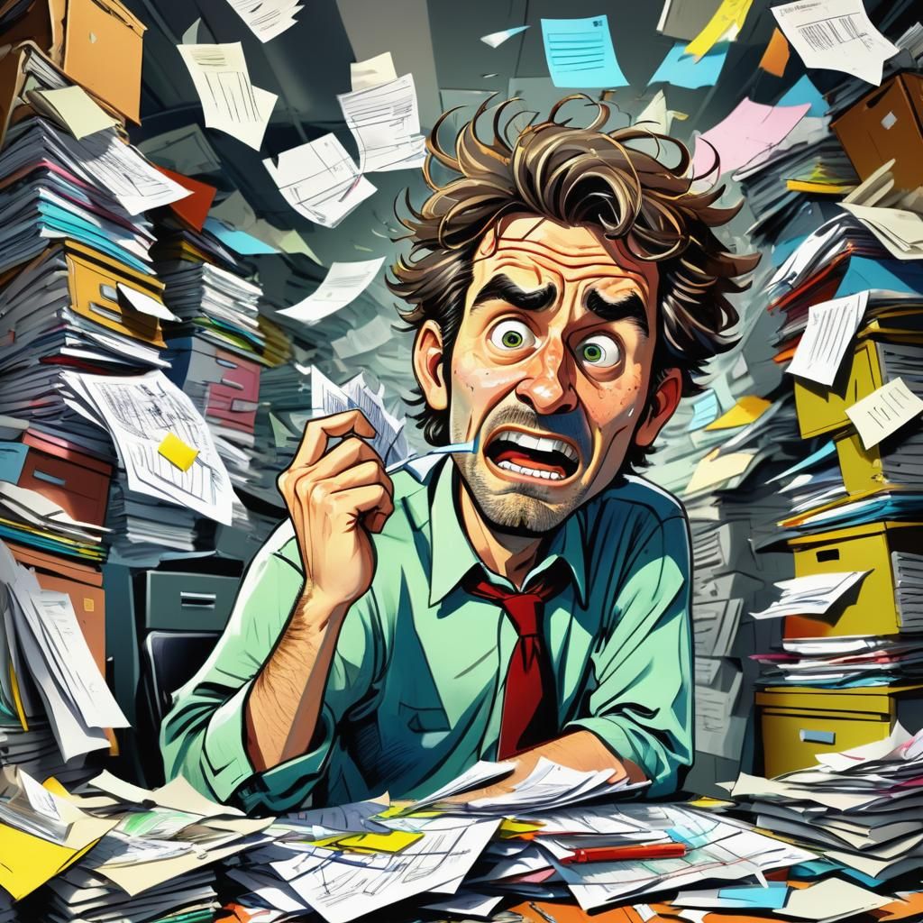 Comedic Caricature of Overwhelmed Office Worker