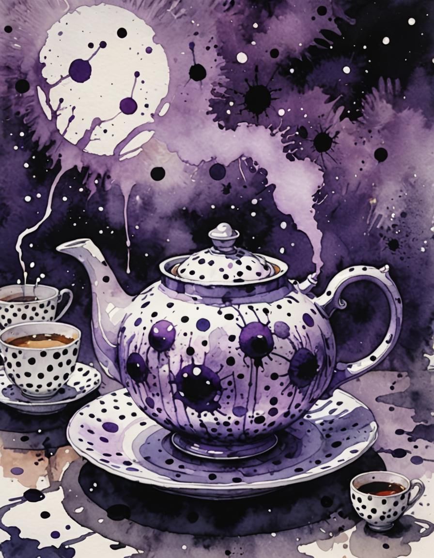 Surreal Purple Teapot and Teacup Watercolor