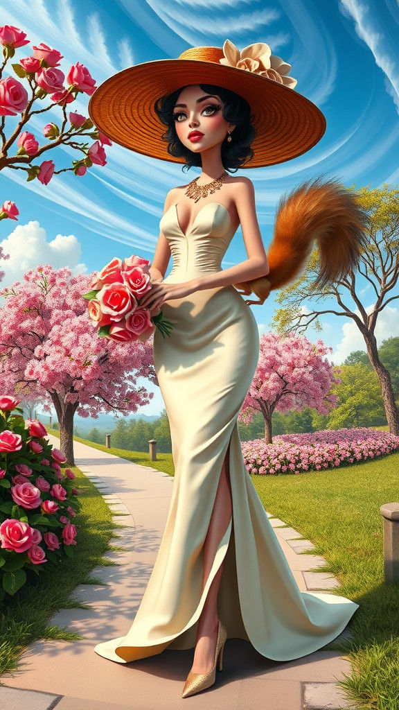 Elegant Caricature Woman in Surreal Spring Landscape