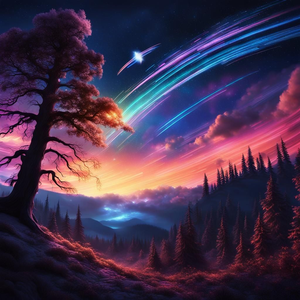 Glowing Shooting Star Over Mystical Forest