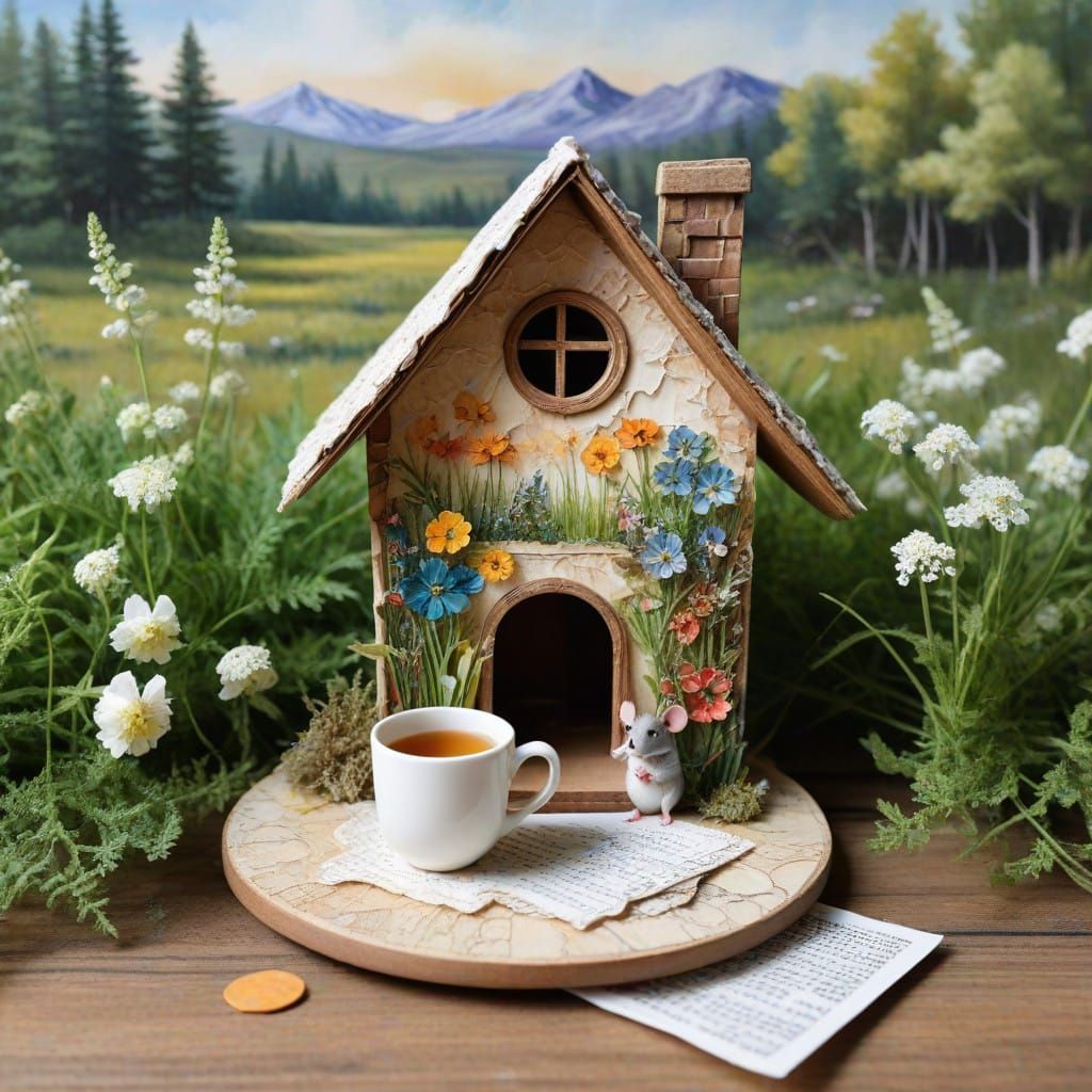 Whimsical Mouse House Scene in Mixed Media Art