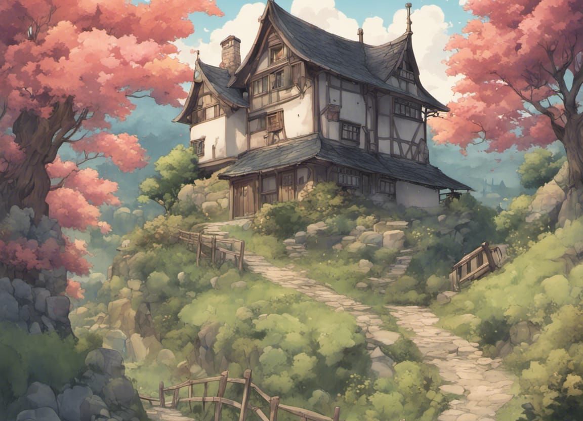 Anime Cottage Village Hillside Castle View