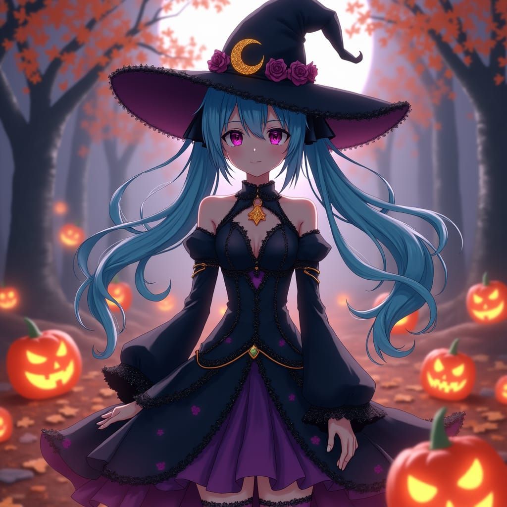 Hatsune Miku as Witch in Dreamlike Halloween Scene