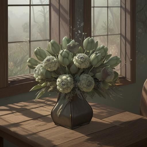 Green Tulips and Eucalyptus Bouquet at Dusk