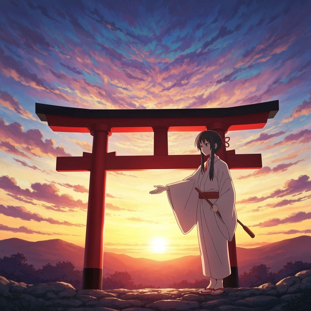 Miko Invites Through Vibrant Torii Gate at Sunset