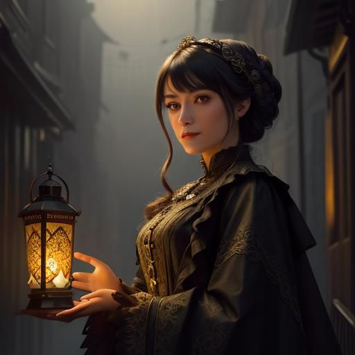 Victorian Woman with Lantern in Misty Alleyway