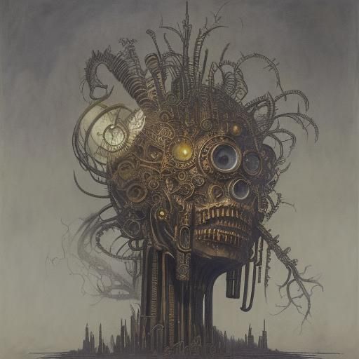 Steampunk Sandman in Bleak Metropolis, Biomechanical Art