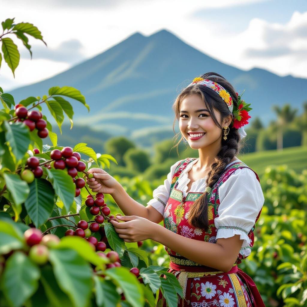Beautiful Girl Harvesting Coffee in Alphonse Mucha Style