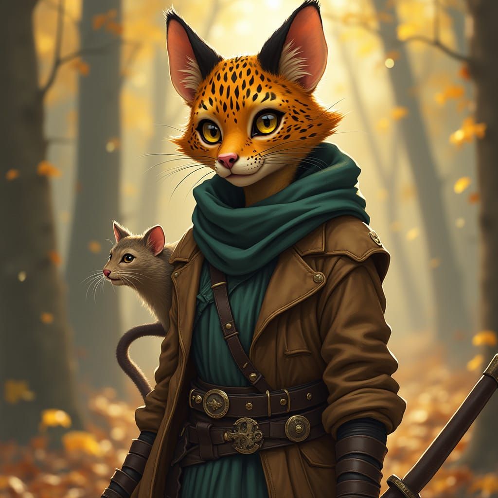 Female Tabaxi Rogue with Mouse in Whimsical Style