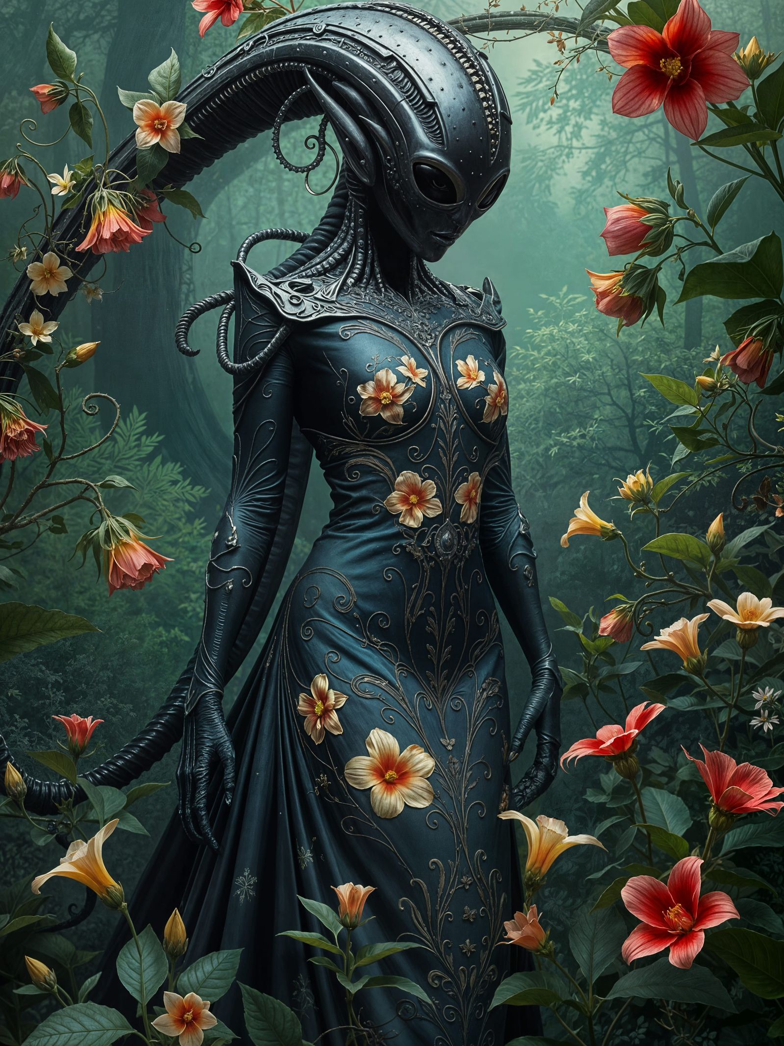 Surreal Alien Goddess in Giger-Inspired Gown