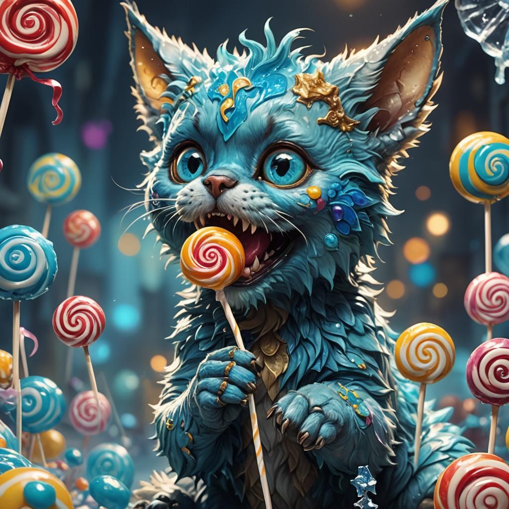 Cute Cat-Dog Monster with Lollipop: Fantasy Art