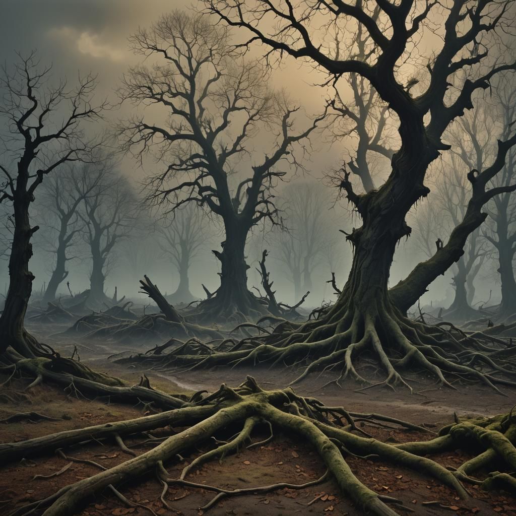 Ominous Landscape with Twisted Roots, Oil Painting