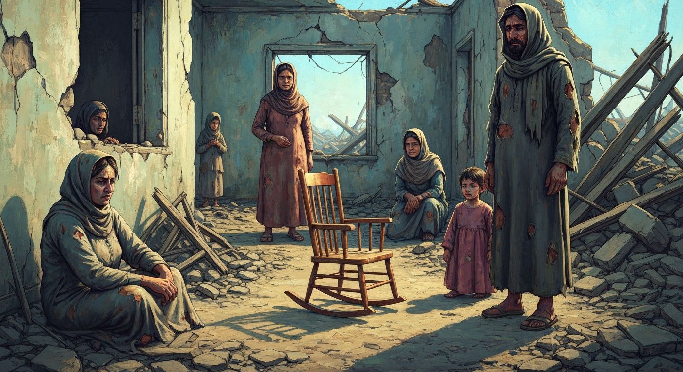 Mourning Refugee Family in War-Torn Home