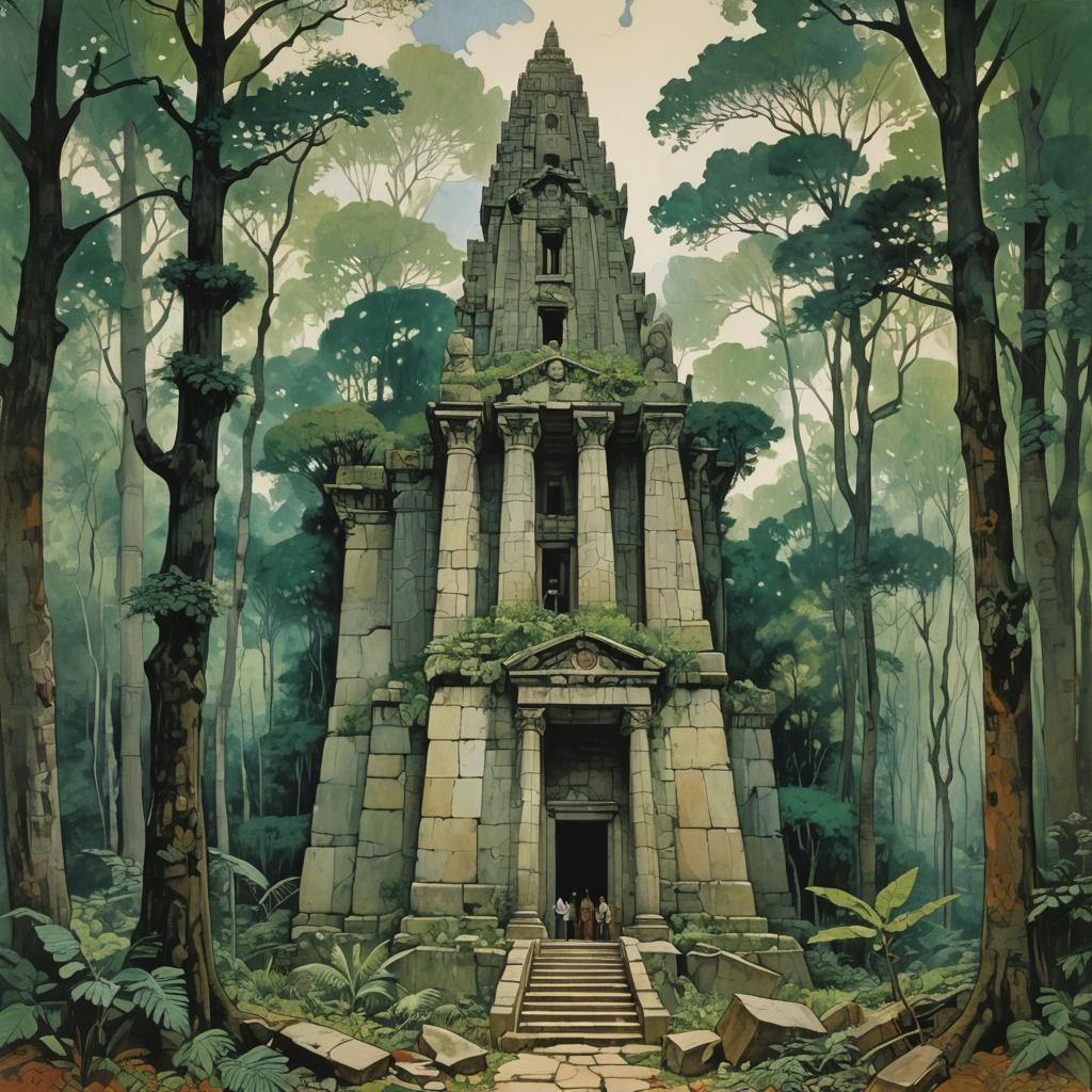 Temple Rises from Forest: Cubist Americana Art